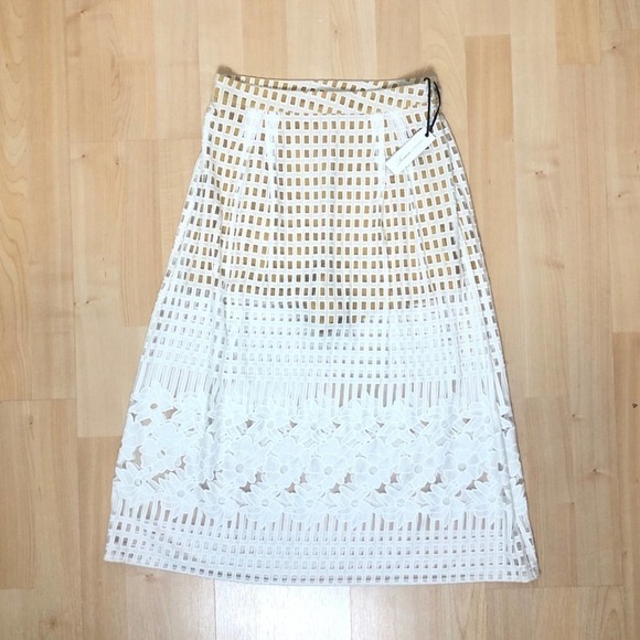 Lovers + Friend Womens White Ivory Cutout Mesh Floral Nadia Midi Aline Fit Skirt - Picture 2 of 8
